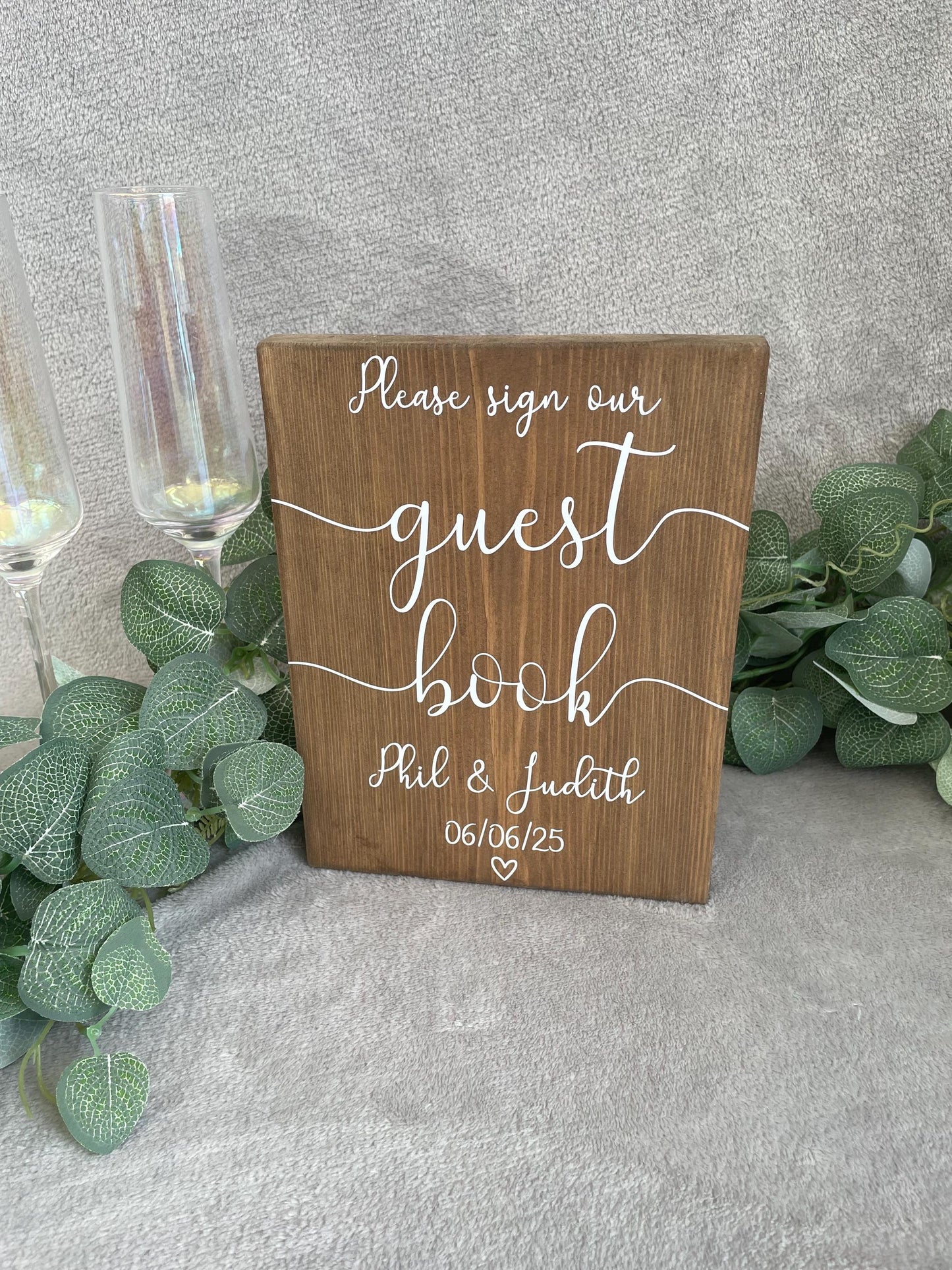 Personalised wooden guestbook sign, wedding reception table decor.