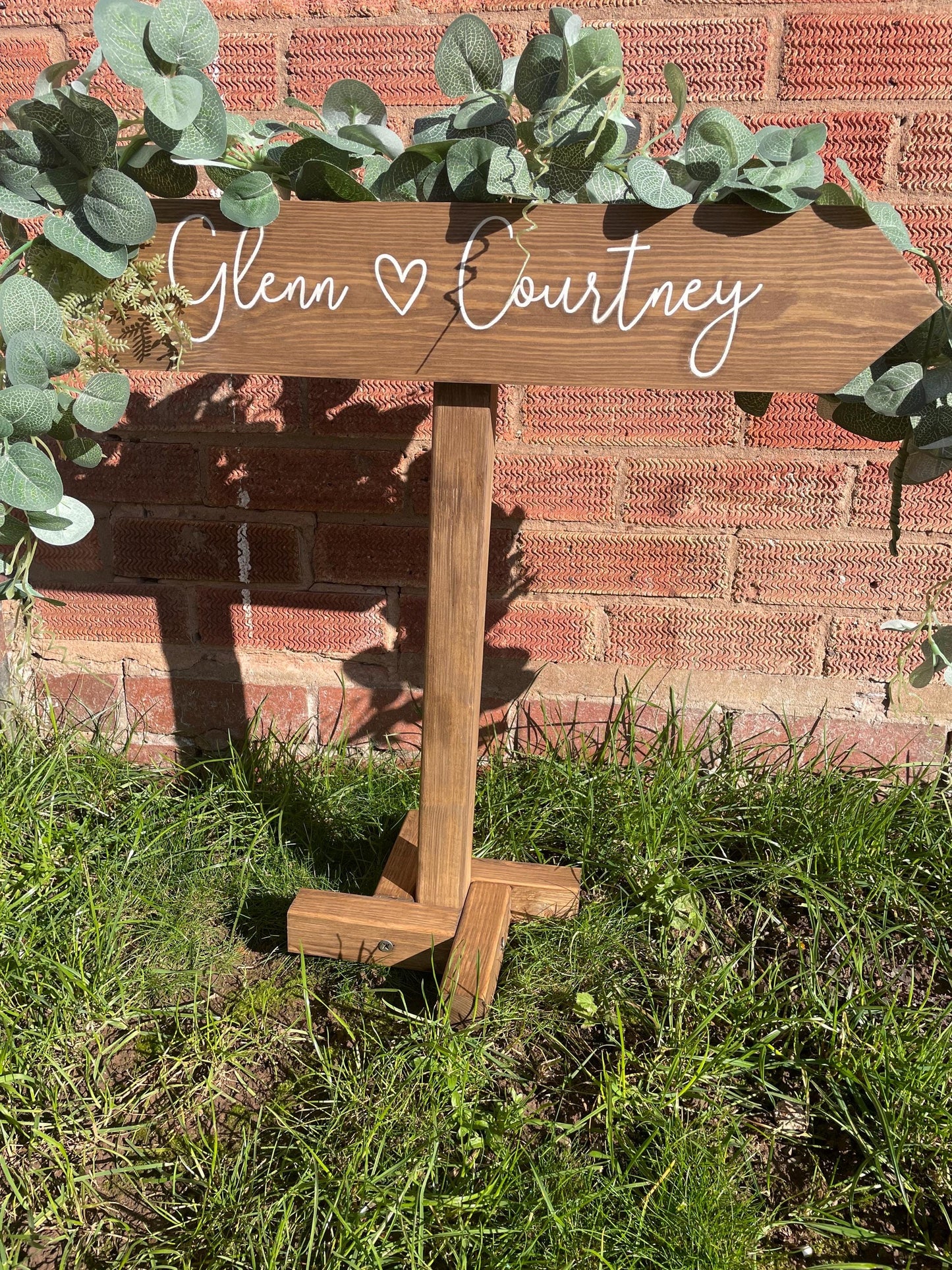 Personalised, RUSTIC, freestanding, wooden event direction sign.