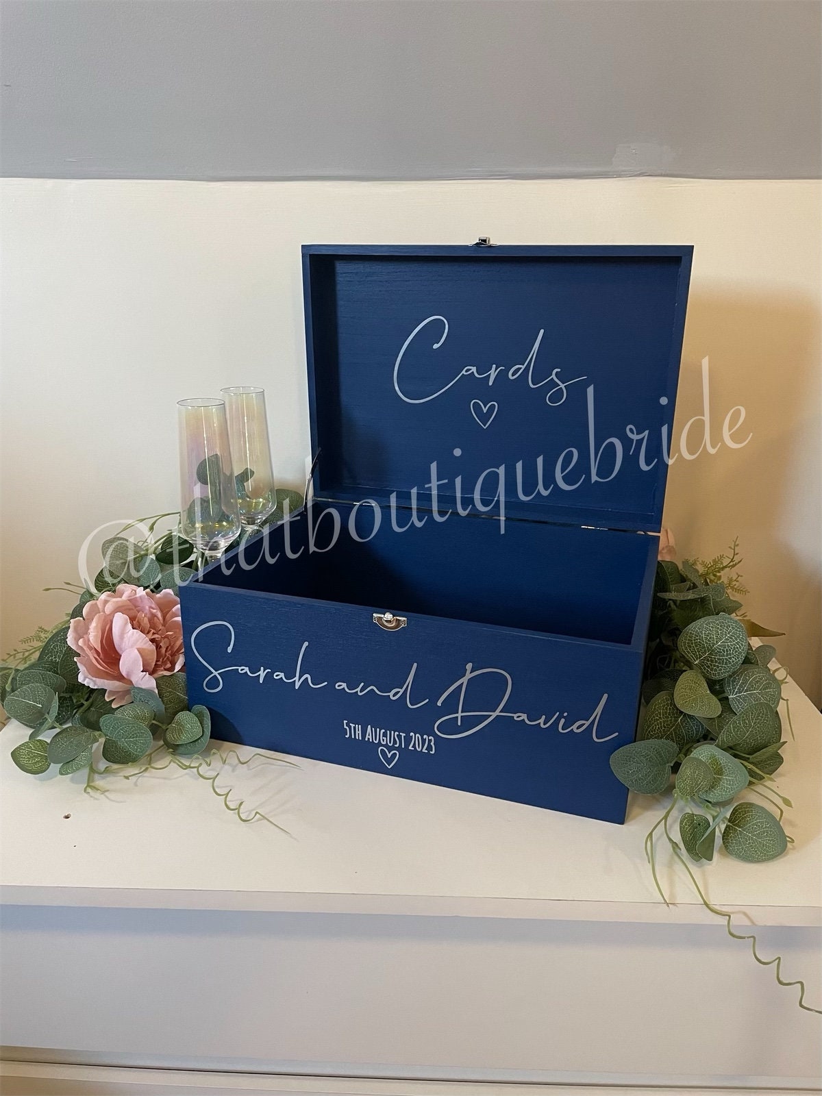 Personalised NAVY wedding card box, Wedding memory box, Wedding post box, Wooden Wedding box, Wedding keepsake box