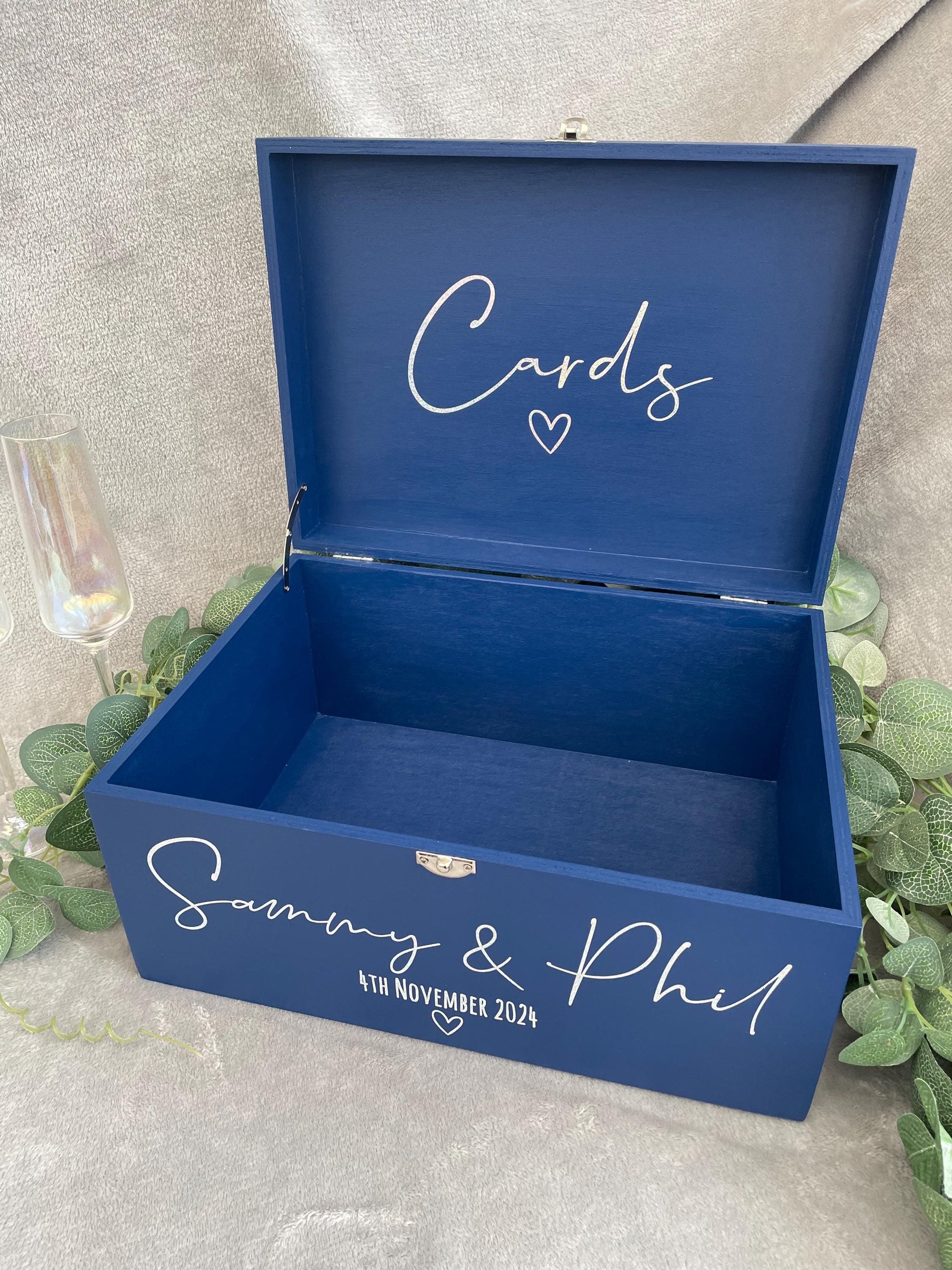 Personalised NAVY wedding card box, Wedding memory box, Wedding post box, Wooden Wedding box, Wedding keepsake box