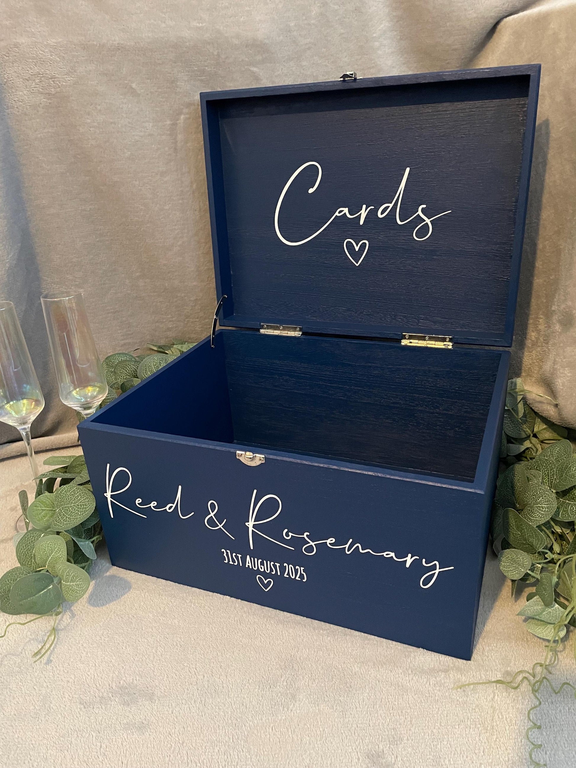 Personalised NAVY wedding card box, Wedding memory box, Wedding post box, Wooden Wedding box, Wedding keepsake box